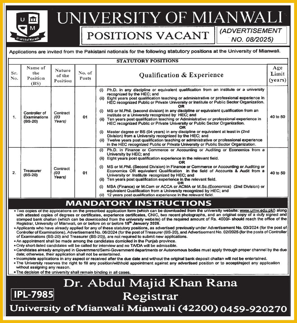 University of Mianwali Positions jobs 2025