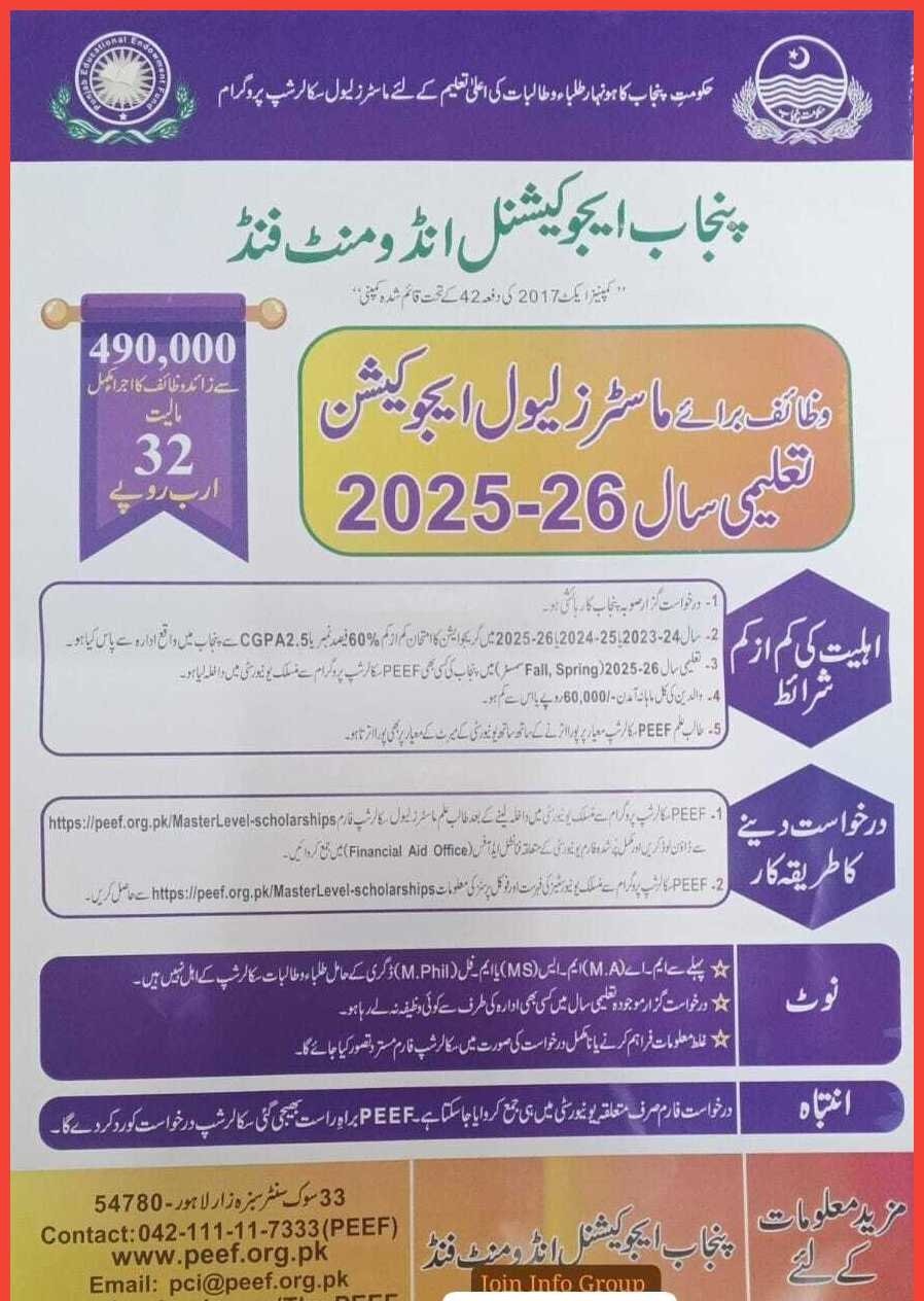 Punjab Education Endowment Fund Master Level Scholarships 2025–26