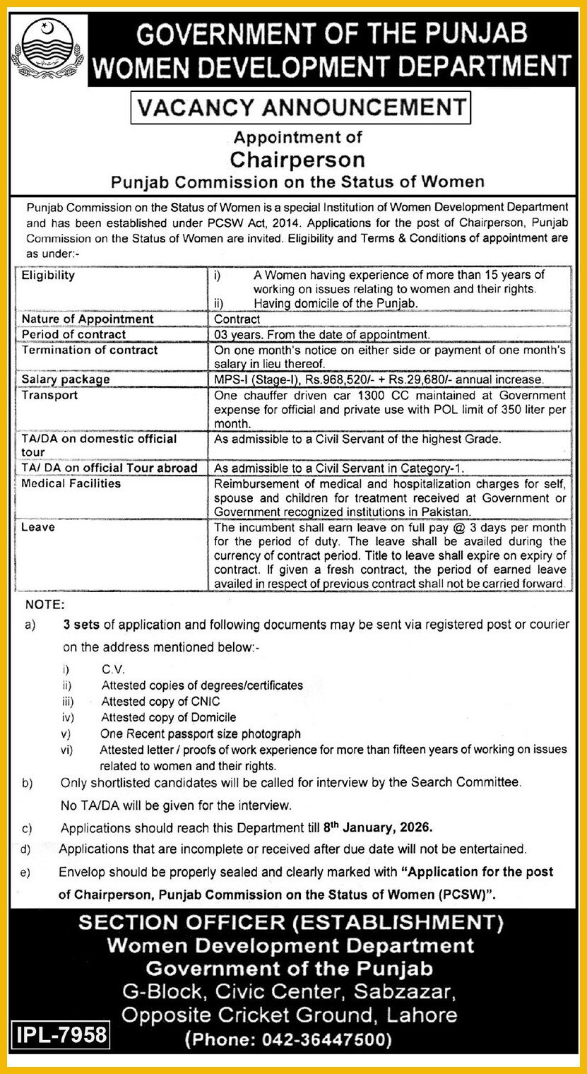 Chairperson Vacancy Punjab Commission jobs 2026 Chairperson Vacancy Punjab Commission jobs 2026